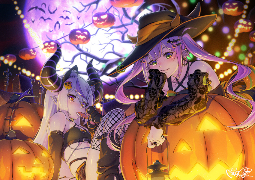 2girls, alternate_costume, bare_shoulders, black_headwear, black_horns, black_sleeves, black_thighhighs, criss-cross_halter