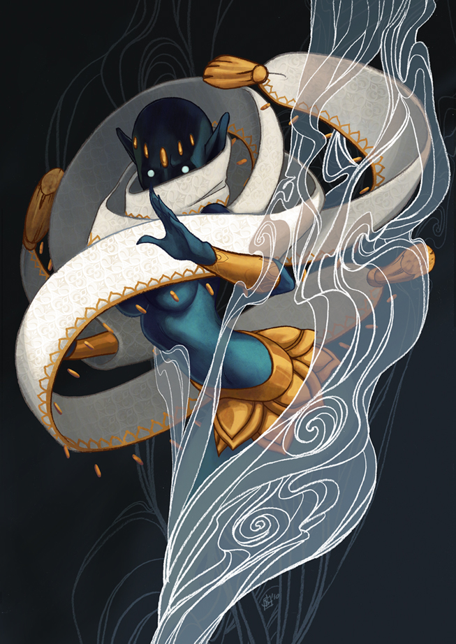 1girl, armor, artist_request, bald, blue_skin, breasts, clash_of_heroes, colored_skin, covered_collarbone, covered_mouth, genie, greaves, jewelry, large_breasts, long_scarf, might_and_magic, naked_scarf, no_bra, pointy_ears, scarf, simple_background, skirt, solo, steam, tassel, topless_female, white_scarf