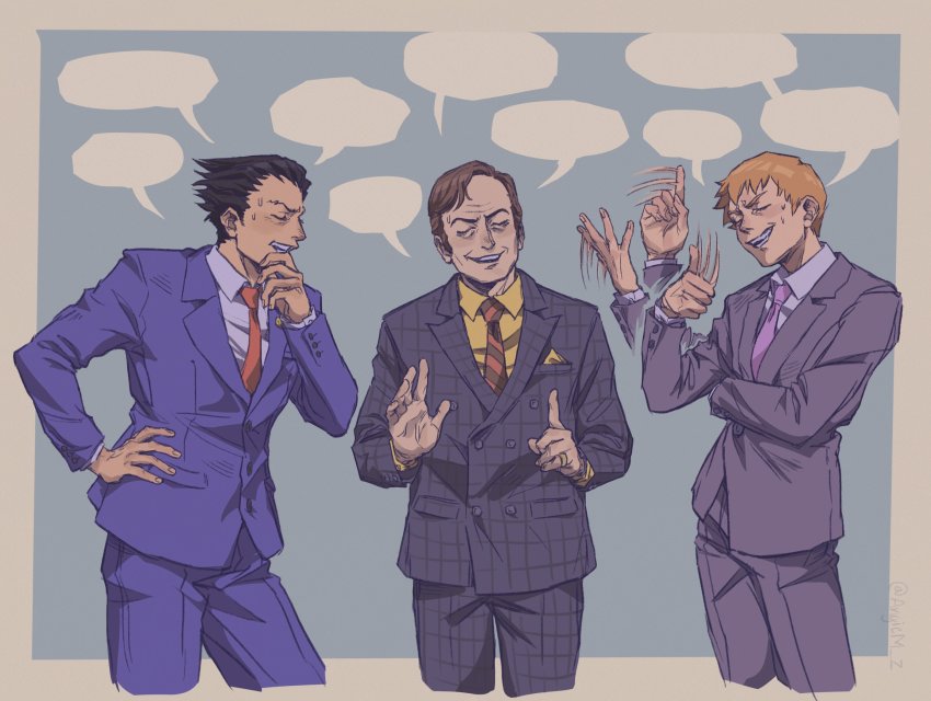 3boys, ace_attorney, afterimage, angie_m, better_call_saul, black_hair, blank_speech_bubble, blue_suit, breaking_bad, brown_hair, closed_eyes, cropped_legs, diagonal-striped_clothes, diagonal-striped_necktie, formal_clothes, highres, mob_psycho_100, multiple_boys, necktie, orange_hair, phoenix_wright, purple_necktie, red_necktie, reigen_arataka, saul_goodman, speech_bubble, striped_clothes, suit, trait_connection, waving