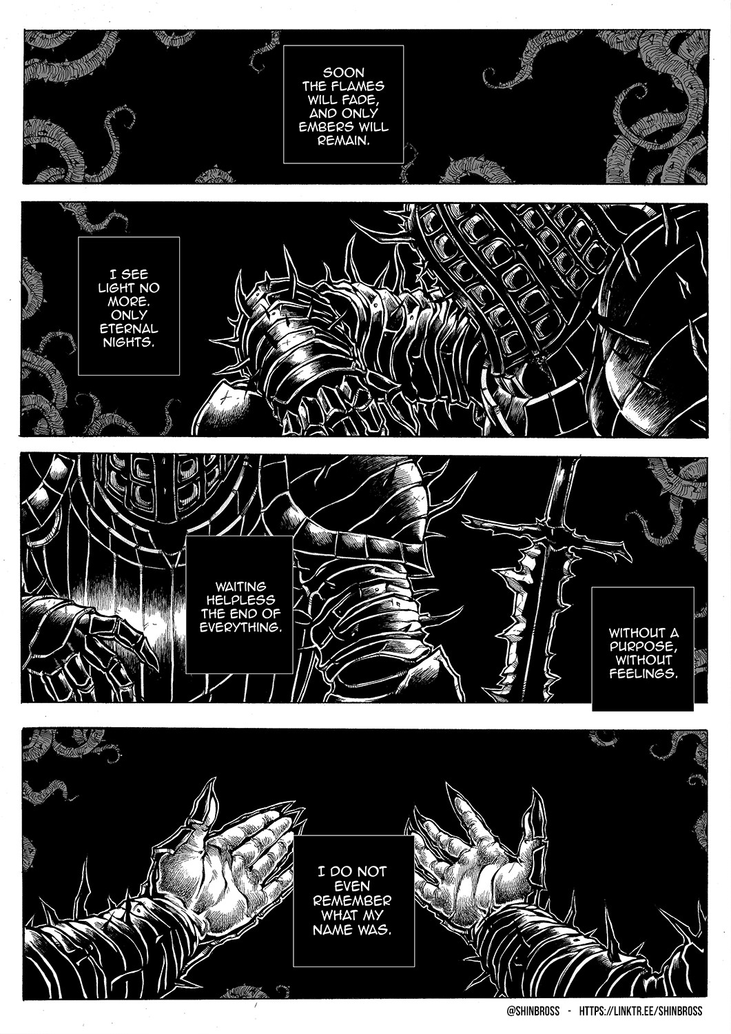 armor, comic, dark_souls_(series), english_text, fromsoftware, greyscale, highres, knight
