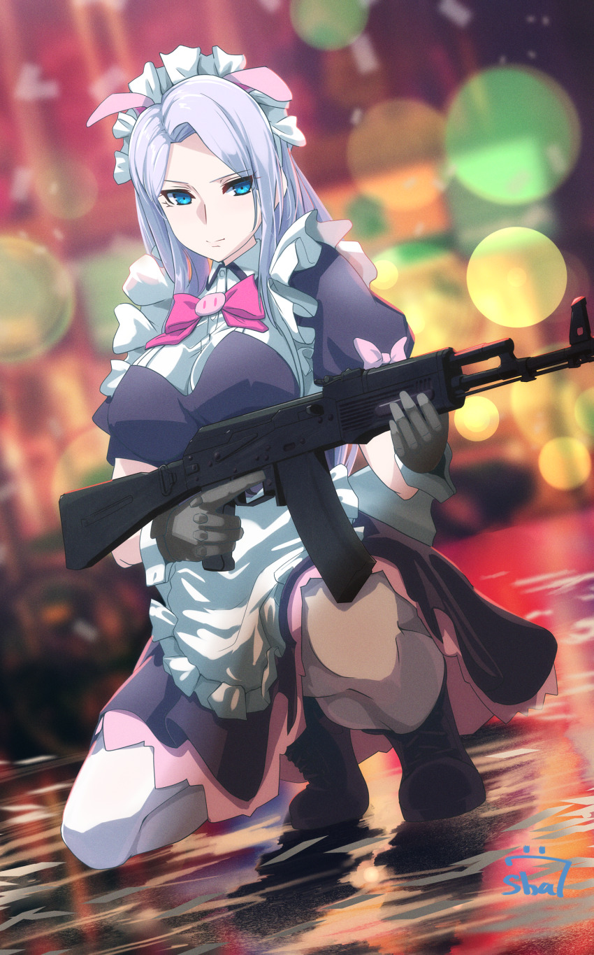 1girl, absurdres, ak-74m, akiba_maid_sensou, animal_ears, apron, assault_rifle, black_boots