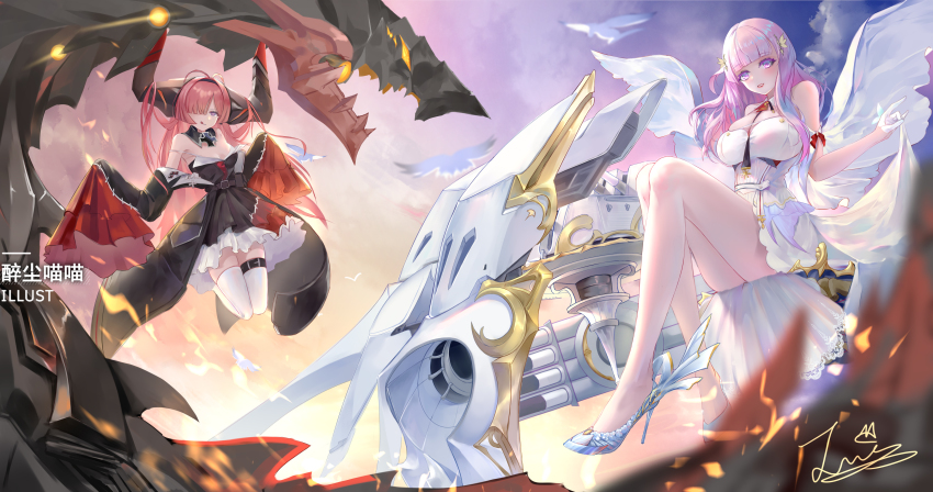 2girls, absurdres, azur_lane, black_dress, dress, frilled_dress, frills, hair_on_horn