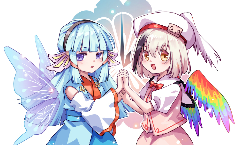 2girls, akinomiya_asuka, black_hair, black_hairband, blue_hair, blue_kimono, blunt_bangs, bow