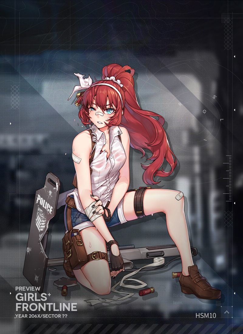 12-gauge, 12-gauge_(2_3/4_inch_shell), 1girl, ammunition, ballistic_shield, bandages, bandaid, blue_eyes