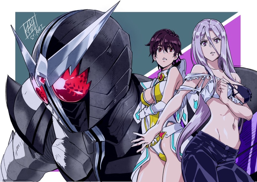 2girls, breasts, cleavage, fuuto_tantei, kamen_rider, kamen_rider_double, kamen_rider_double_(fangjoker), kamen_rider_w, long_hair, medium_breasts, midriff, moriguchi_monako, multiple_girls, navel, official_art, purple_eyes, purple_hair, sports_bra, tokime_(fuuto_tantei), torn_clothes, unworn_wig, wig