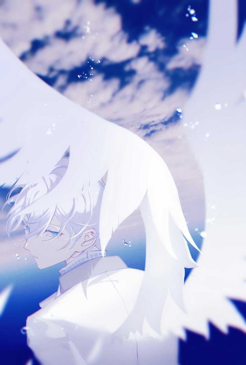1boy, absurdres, angel, angel_wings, blue_eyes, blue_sky, blue_theme, byuey