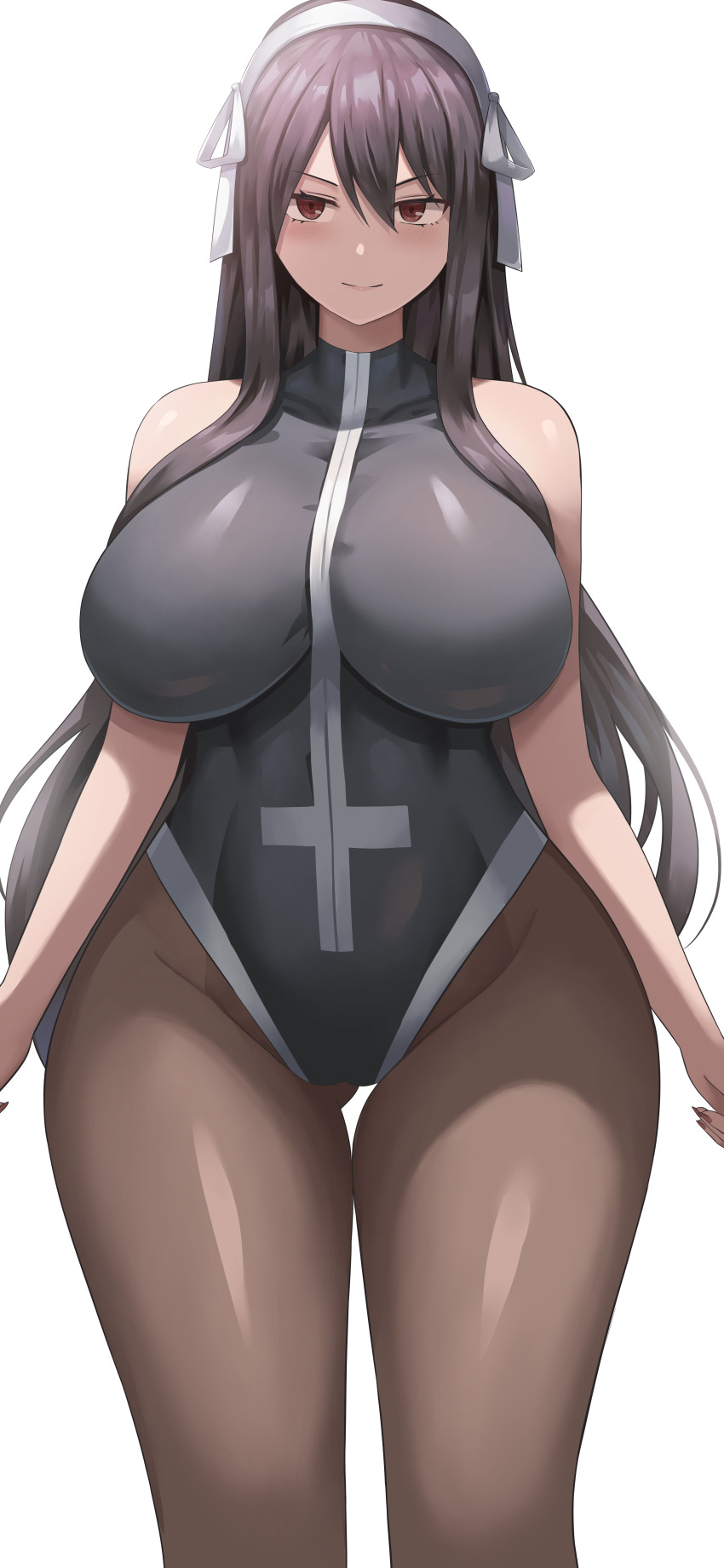 1girl, absurdres, bare_shoulders, black_hair, black_leotard, black_pantyhose, breasts, closed_mouth, fairy_tail, hair_ornament, hairband, highres, jasony, large_breasts, leotard, long_hair, looking_at_viewer, pantyhose, red_eyes, simple_background, smile, solo, thighs, ultear_milkovich, white_background, white_hairband