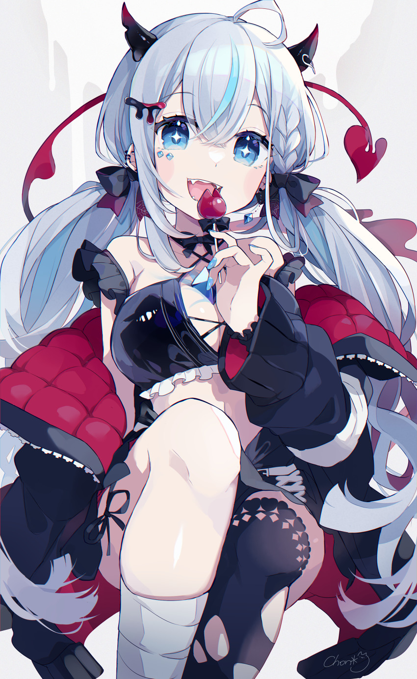 1girl, absurdres, another_project, bandage_on_leg, blue_eyes, blue_hair, blue_nails, braid
