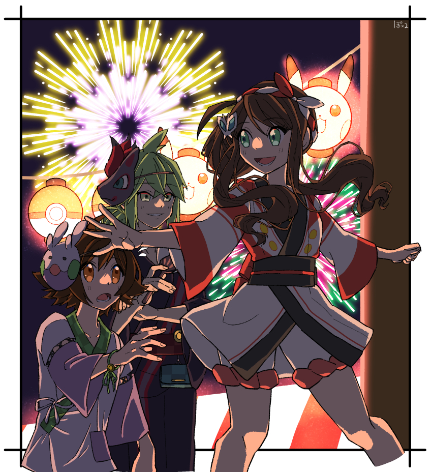1girl, 2boys, absurdres, alternate_costume, brown_eyes, brown_hair, fireworks, gen_1_pokemon, green_hair, hand_fan, highres, hilbert_(pokemon), hilda_(pokemon), hilda_(summer_2022)_(pokemon), japanese_clothes, kimono, lantern, looking_at_another, mask, mask_on_head, multiple_boys, n_(pokemon), n_(summer_2022)_(pokemon), nintendo, official_alternate_costume, pikachu, po_posan, poke_ball, poke_ball_(basic), pokemon, pokemon_masters_ex, smile, themed_object, wristband, yukata