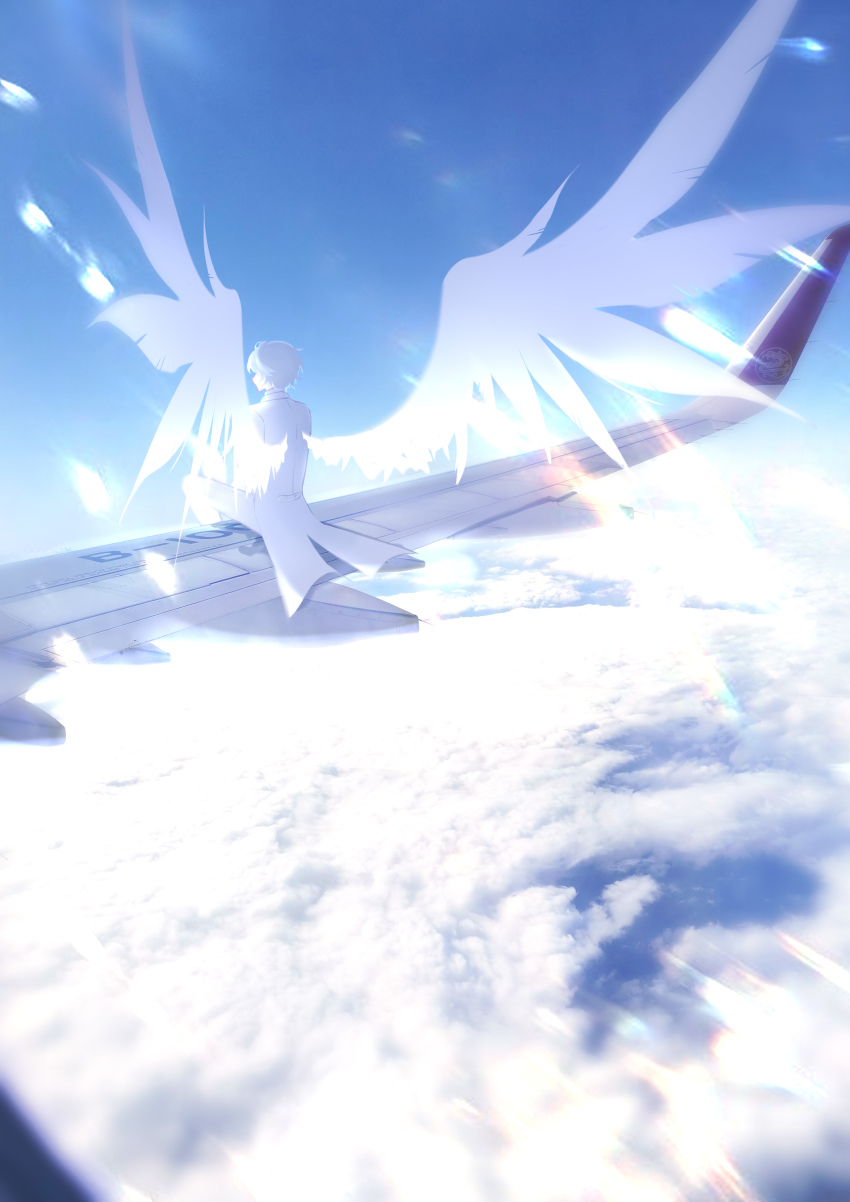1boy, above_clouds, absurdres, airplane_wing, blue_sky, blue_theme, byuey, cloud