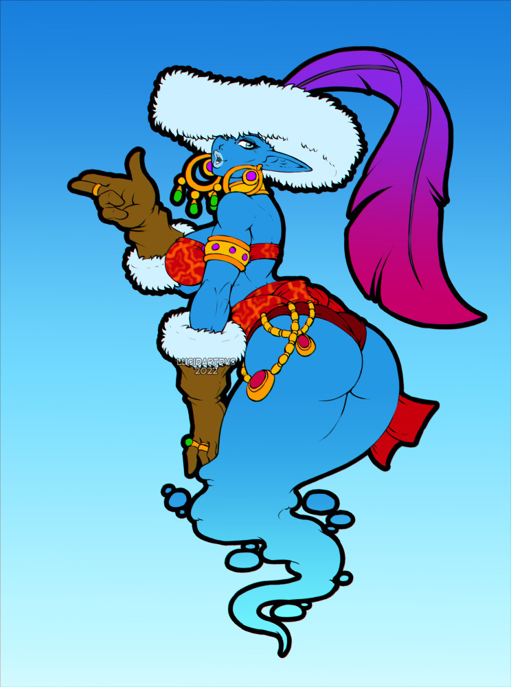 1girl, armlet, ass, belt, blue_background, blue_eyes, blue_skin, breasts, colored_skin, earrings, feathers, full_body, fur_trim, genie, gloves, hand_on_own_thigh, hat, heroes_of_might_and_magic, heroes_of_might_and_magic_v, jewelry, large_breasts, large_hat, leather, leather_gloves, looking_at_viewer, looking_back, lucidartdvc, might_and_magic, necklace, oversized_gloves, panties, pantyhose, pointy_ears, ring, solo, underwear