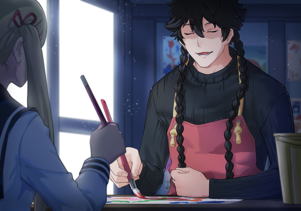 1boy, 1girl, apron, black_hair, black_sweater, blue_period, braid, closed_eyes
