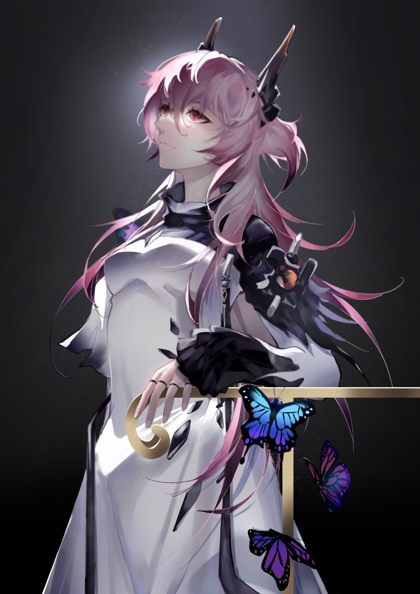 1girl, absurdres, arknights, black_background, blue_butterfly, bug, butterfly, demon_girl