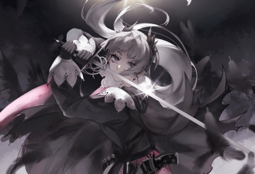 1girl, absurdres, ammunition_belt, arknights, black_background, black_dress, blocking, dress