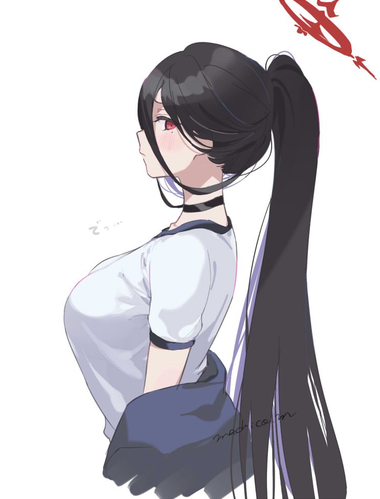 1girl, black_choker, black_hair, blue_archive, blue_jacket, blush, breasts, choker