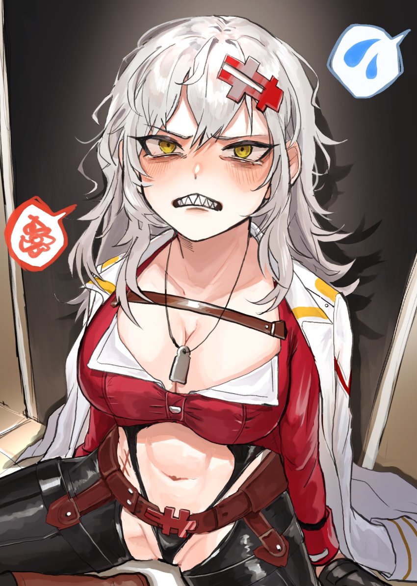1girl, alisame, blush, boots, breasts, brown_boots, chaps, cleavage, coat, coat_on_shoulders, cropped_jacket, dog_tags, goddess_of_victory:_nikke, grey_hair, hair_between_eyes, hair_ornament, highres, jacket, long_hair, medium_breasts, messy_hair, navel, red_jacket, scar, scar_on_stomach, sharp_teeth, sitting, solo, spoken_squiggle, spoken_sweatdrop, squiggle, sweatdrop, tears, teeth, very_long_hair, white_coat, x_hair_ornament, yellow_eyes, yulha_(nikke)