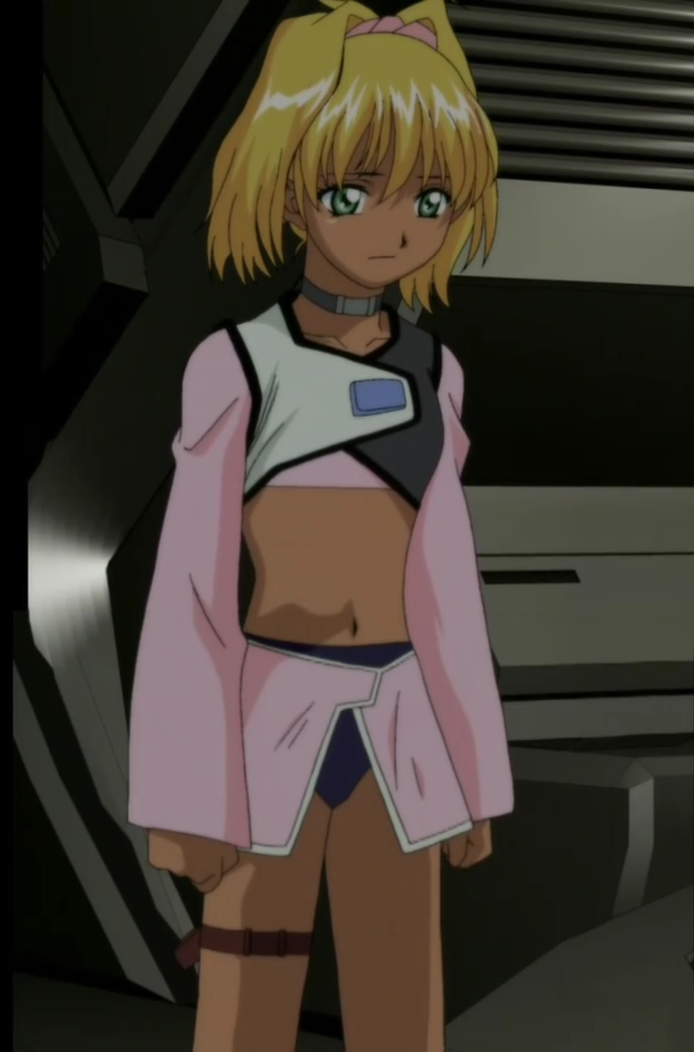 00s, 1girl, bare_legs, blonde_hair, blue_panties, breasts, dark-skinned_female, dark_skin