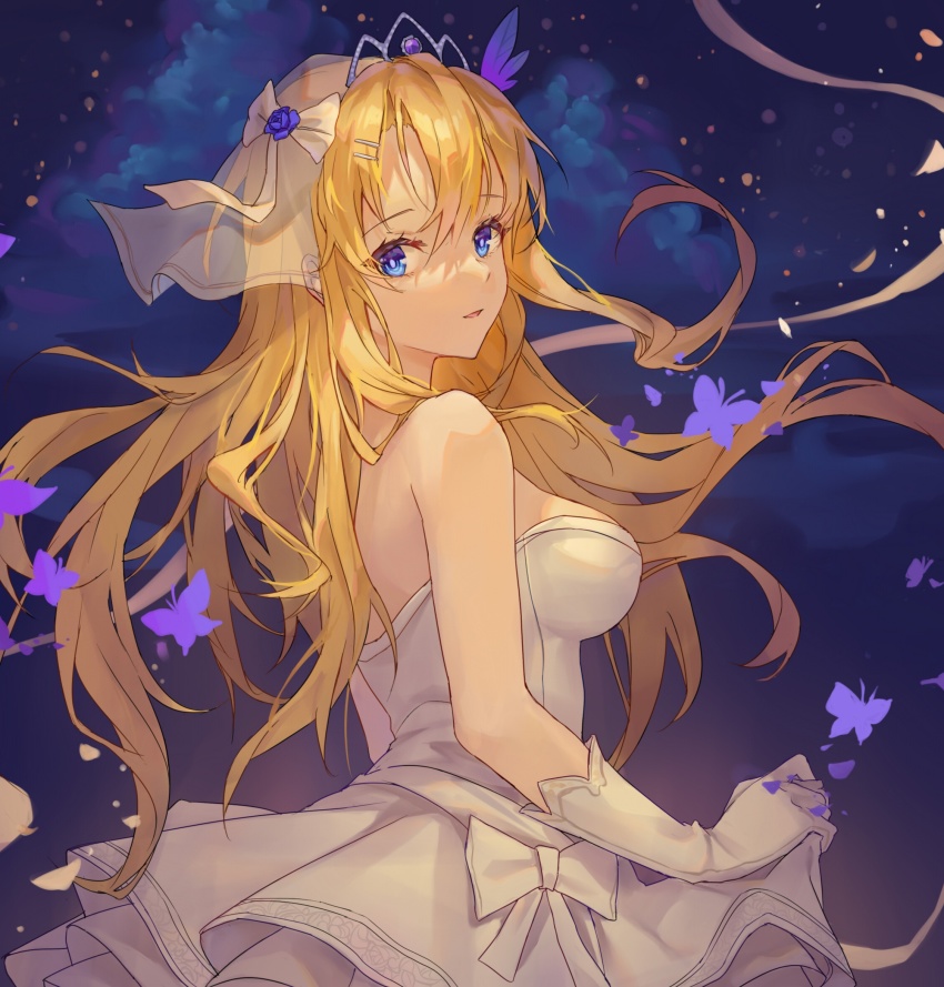 1girl, backless_dress, backless_outfit, bare_shoulders, blonde_hair, blue_background, blue_eyes, bow