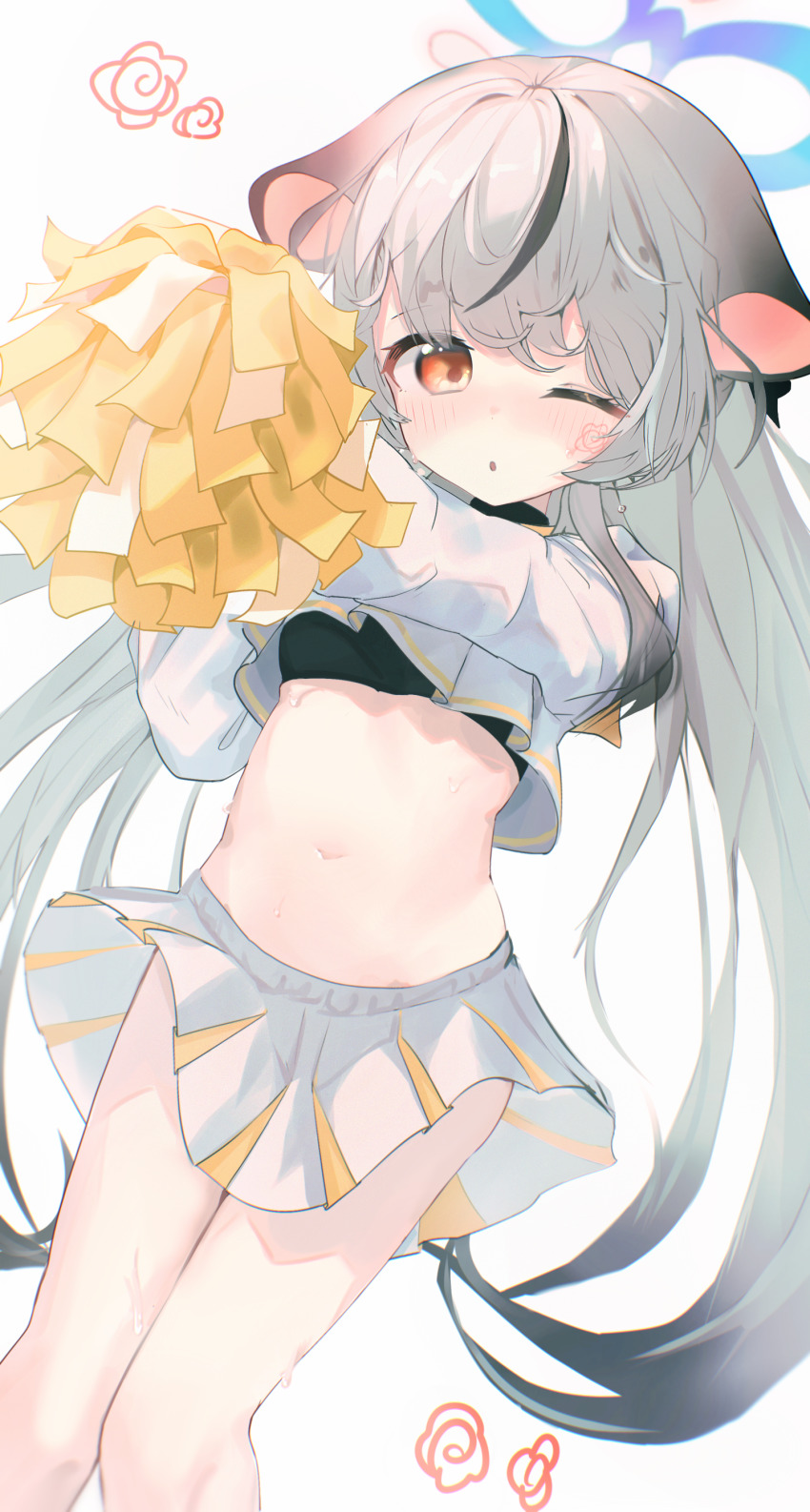 1girl, absurdres, alternate_costume, animal_ears, blue_archive, cheerleader, commentary_request, facial_tattoo