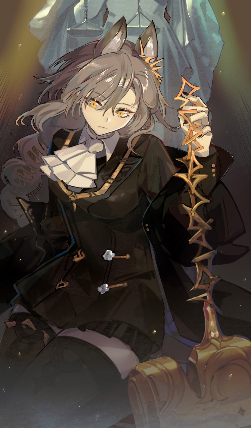 1girl, absurdres, animal_ears, arknights, ascot, black_jacket, black_skirt, black_thighhighs