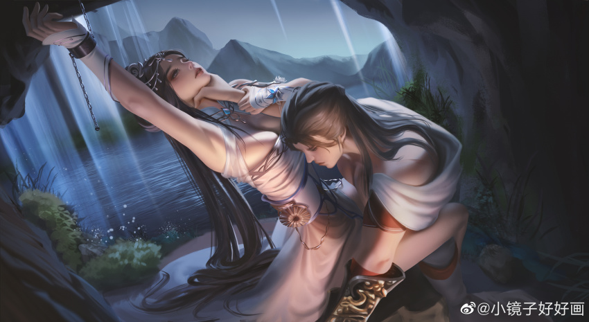 1boy, 1girl, absurdres, black_hair, cave, chained_wrists, character_request, dress, grass, hair_ornament, highres, light, ling_qingzhu_(wu_dong_qian_kun), long_hair, looking_down, looking_up, mountain, night, rain, sash, strangling, vegetation, water, waterfall, white_dress, wu_dong_qian_kun, xiao_jingzi_haohao_hua
