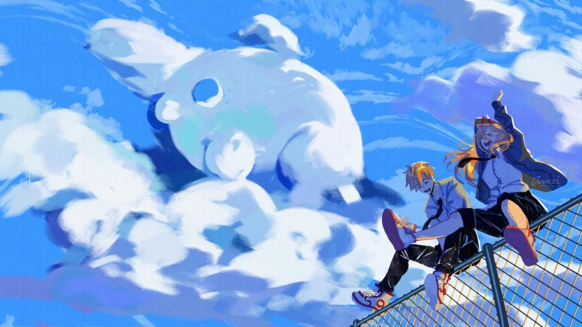 1boy, 1girl, arm_up, black_necktie, black_pants, blonde_hair, blue_jacket, blue_sky