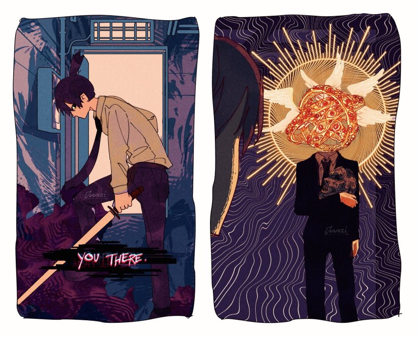 2boys, alley, angel, angel_devil_(chainsaw_man), angel_wings, biblically_accurate_angel, black_hair, black_jacket, black_necktie, black_pants, border, chainsaw_man, collared_shirt, emphasis_lines, extra_eyes, formal_clothes, glowing, glowing_lines, hayakawa_aki, highres, holding, holding_detached_head, holding_weapon, jacket, juuxzi, looking_at_another, looking_at_viewer, multiple_boys, multiple_wings, necktie, pants, severed_head, shirt, short_hair, squiggle, suit, topknot, weapon, white_border, white_shirt, wings