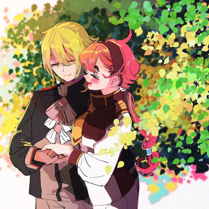 1boy, 1girl, ahoge, asticassia_school_uniform, black_hairband, blush, earrings, elan_ceres