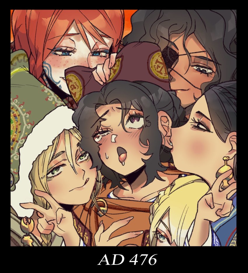 6+girls, ahegao, biting, black_hair, blonde_hair, blush, celtic, dark-skinned_female, dark_skin, dated, dongsa_wonhyong, double_v, biting_ear, eyepatch, girl_sandwich, highres, historical, historical_event, humanization, licking_lips, multiple_girls, one_eye_closed, pillow, real_life, red_hair, roman_empire, sandwiched, tongue, tongue_out, v, yuri