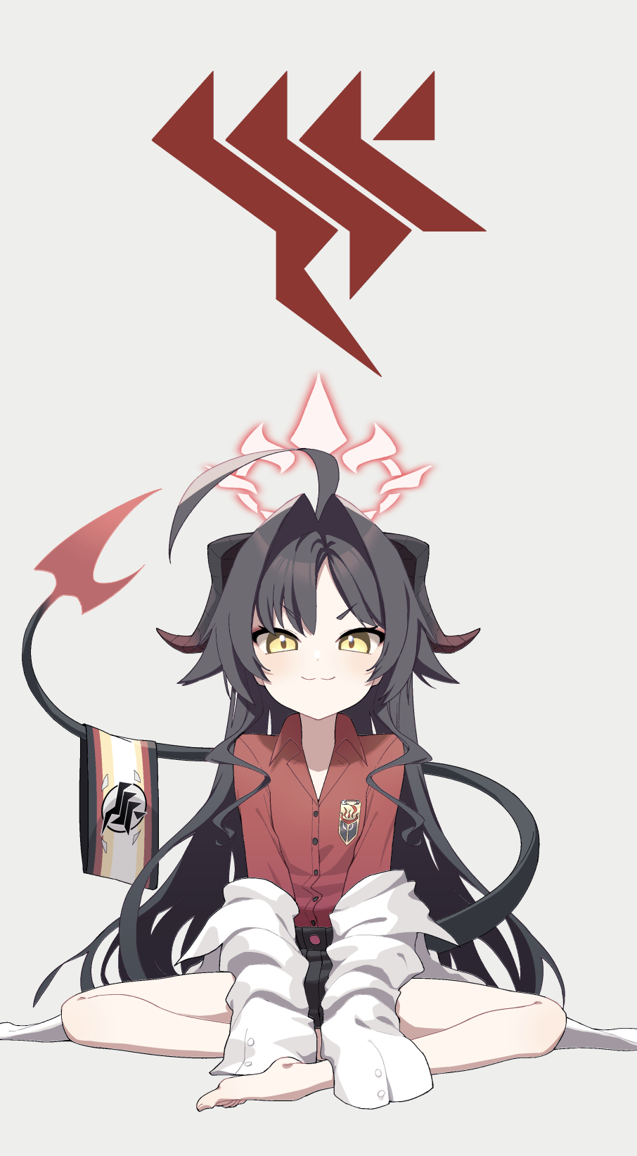 1girl, :3, ahoge, barefoot, black_hair, black_horns, black_shorts, black_tail