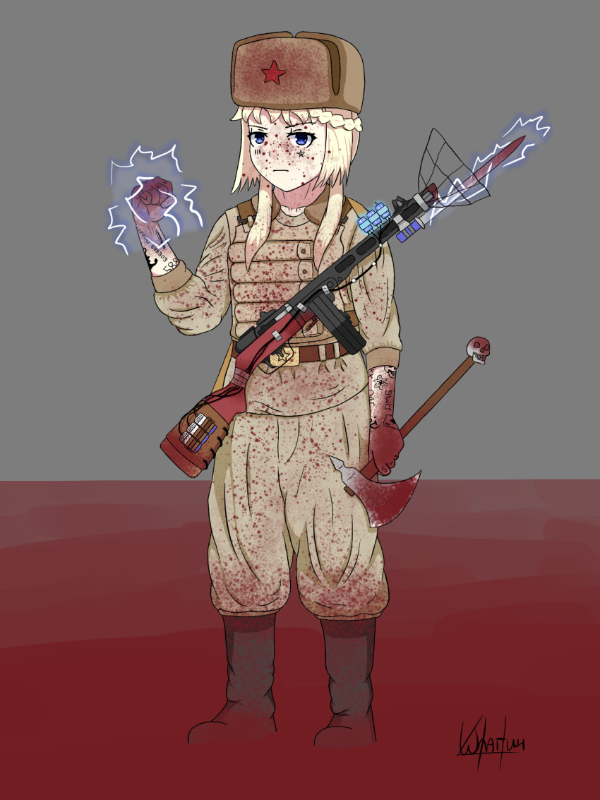 axe, blonde_hair, blood, blood_on_face, blue_eyes, boots, girls'_frontline, gun
