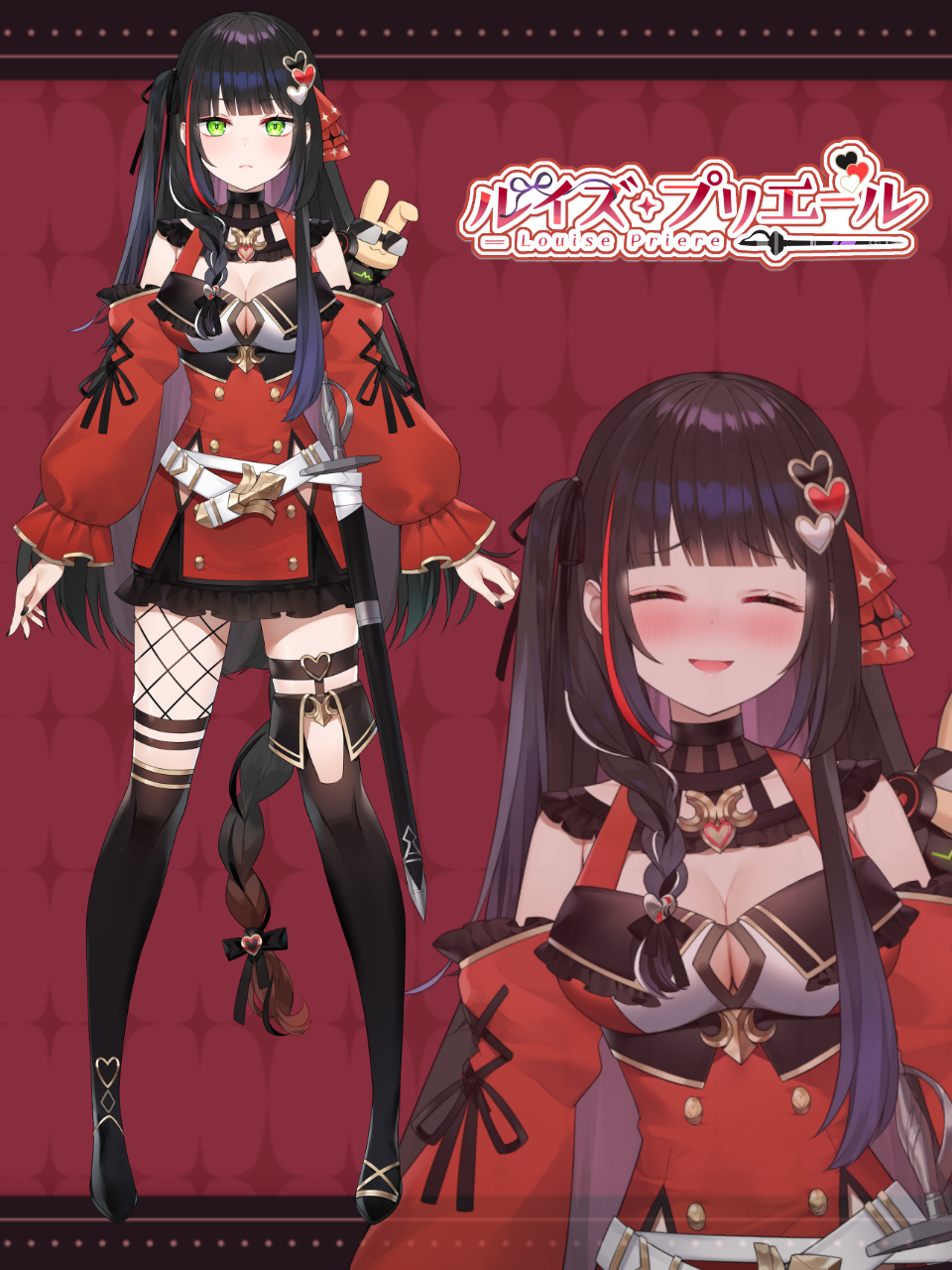 asymmetrical_legwear, ayamy, belt, black_hair, black_nails, boots, braid, character_name