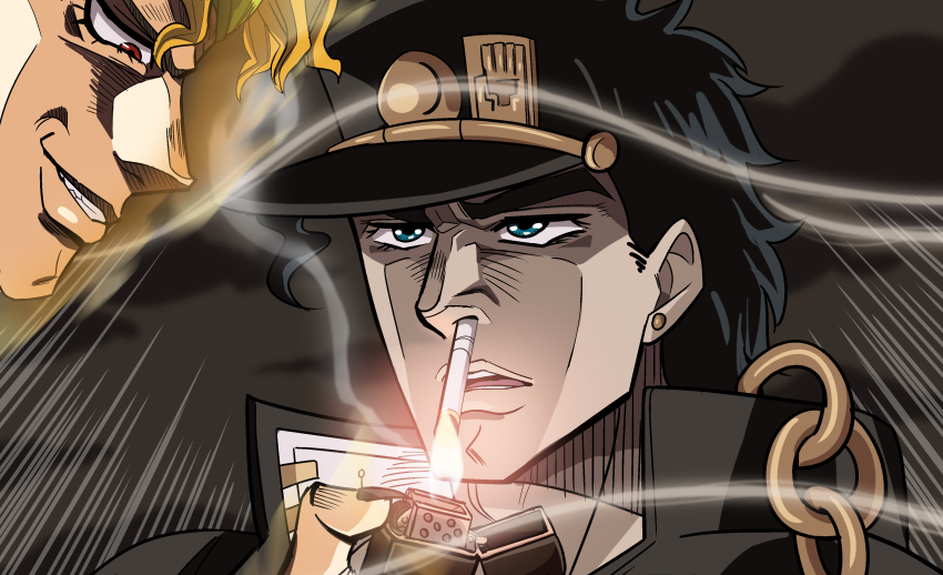 2boys, absurdres, black_hair, black_headwear, black_nails, blonde_hair, blue_eyes, chain, cigarette, dio_brando, doodle_shark, earrings, gakuran, green_headband, hat, headband, highres, holding, holding_lighter, in_nose, jewelry, jojo_no_kimyou_na_bouken, kuujou_joutarou, lighter, male_focus, multiple_boys, nail_polish, prank, red_eyes, school_uniform, smile, stardust_crusaders, stud_earrings, time_stop, zippo_lighter