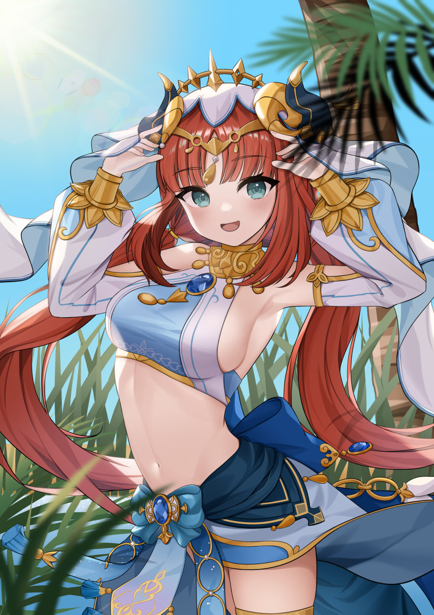 1girl, :d, absurdres, aqua_eyes, armpits, arms_up, bare_shoulders, blue_bow