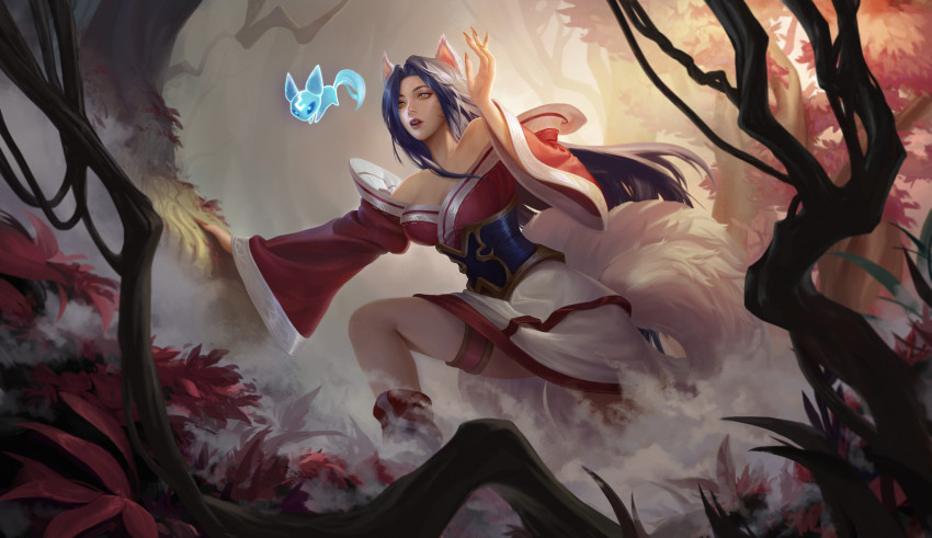 1girl, absurdres, ahri_(league_of_legends), animal_ears, bare_shoulders, black_hair, branch, breasts, cleavage, detached_sleeves, facial_mark, fog, forest, fox_ears, fox_tail, hand_up, highres, korean_clothes, kyuubi, large_breasts, league_of_legends, little_legend, long_hair, long_sleeves, multiple_tails, nature, orange_eyes, outdoors, qinhuaiyu_(sihouette), slit_pupils, solo, tail, tree, whisker_markings, wide_sleeves