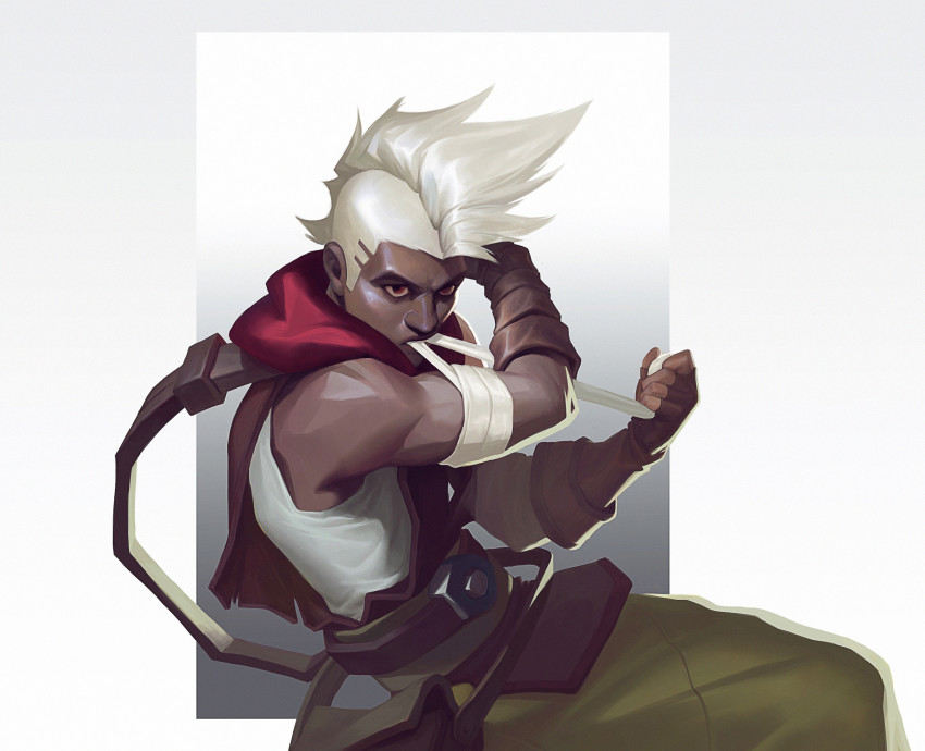 1girl, bandaged_arm, bandages, brown_gloves, brown_pants, cowboy_shot, dark-skinned_male, dark_skin