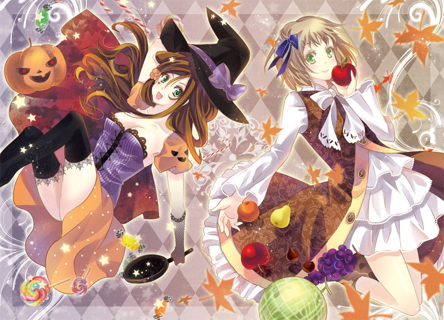 2girls, apple, argyle, axis_powers_hetalia, bad_id, bad_pixiv_id, black_thighhighs, blonde_hair