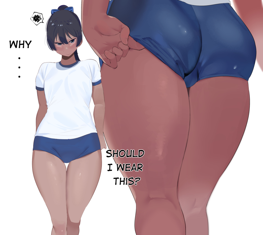 1girl, arms_behind_back, ass, black_hair, blue_bow, blue_buruma, blush, bow, buruma, closed_mouth, commentary, dark-skinned_female, dark_skin, english_text, from_behind, gym_uniform, hair_bow, highres, legs_together, looking_at_viewer, multiple_views, okpriko, original, paid_reward_available, shirt, short_sleeves, simple_background, speech_bubble, standing, thai_girl_(okpriko), thigh_gap, white_background, white_shirt