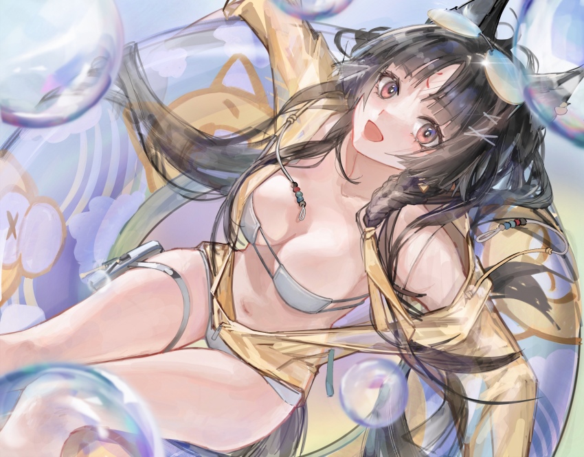 1girl, :d, absurdres, animal_ears, arknights, bikini, black_hair, breasts