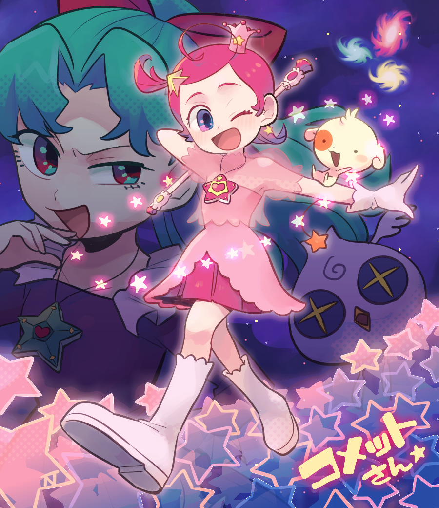 ahoge, blue_eyes, boots, comet_(comet-san), copyright_name, cosmic_baton_girl_comet-san, crown, dress