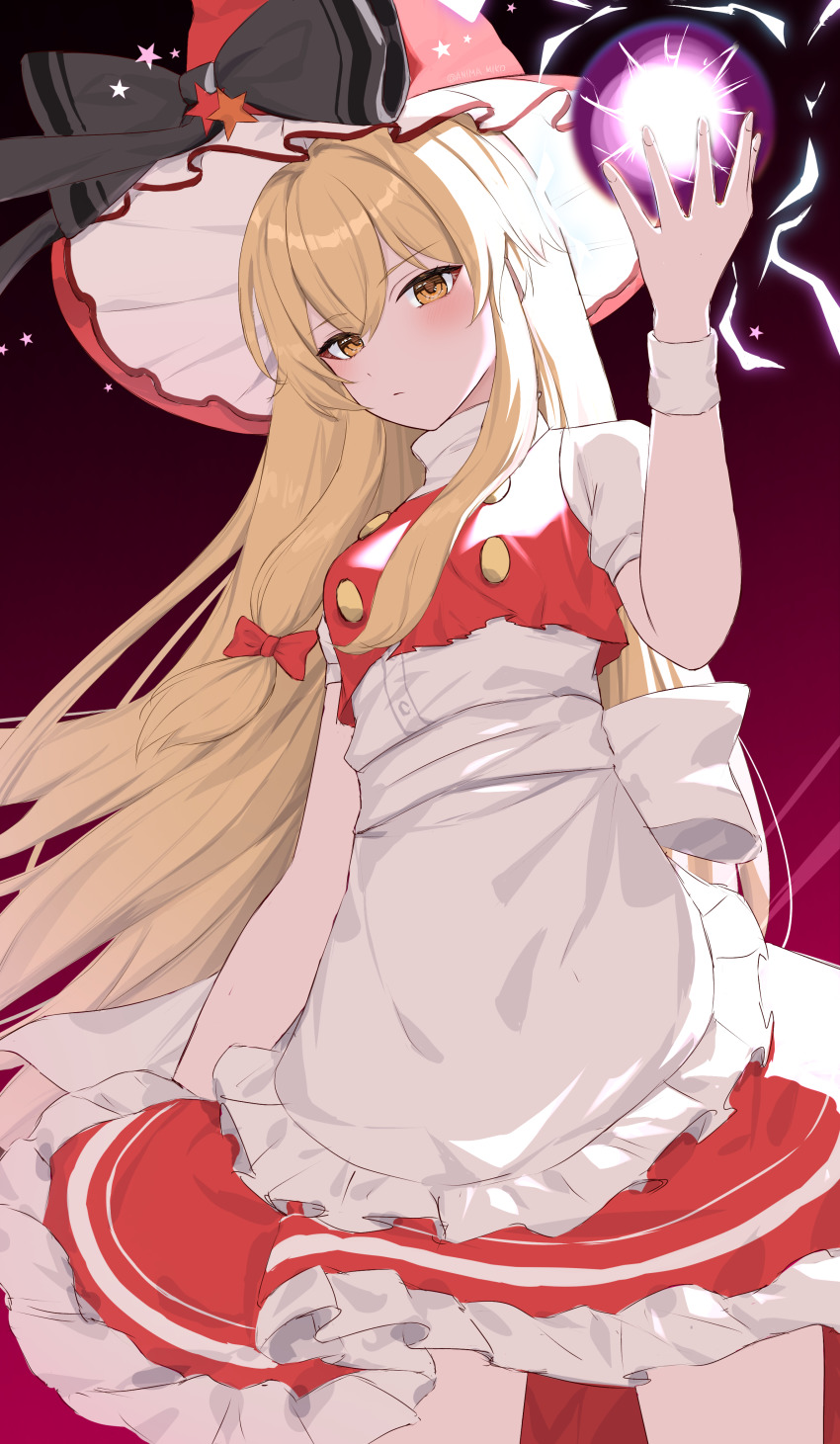 1girl, absurdres, anima_miko, apron, black_bow, blonde_hair, bow, braid