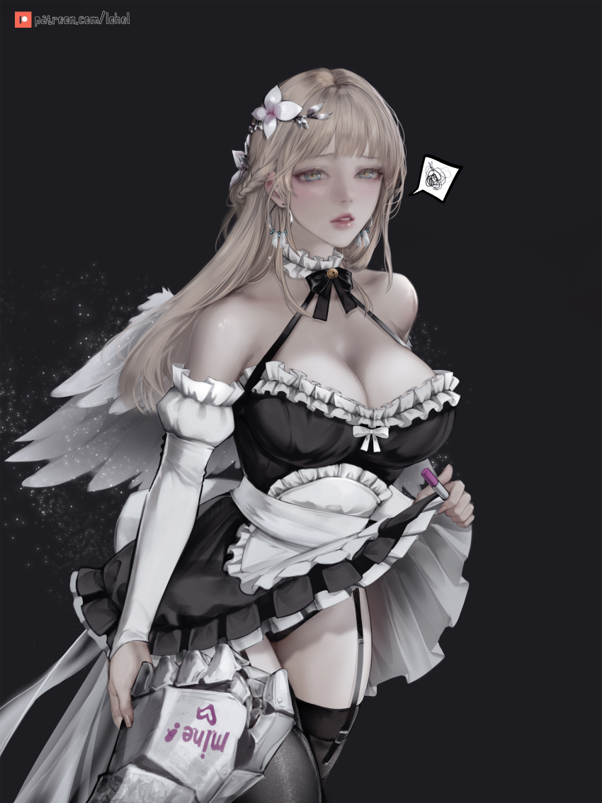 1girl, absurdres, animal_ears, apron, bare_shoulders, bell, black_panties, black_thighhighs, blonde_hair, blue_eyes, breasts, cleavage, clothes_lift, collarbone, garter_straps, gauntlets, halterneck, heart, highres, jingle_bell, large_breasts, lohel, looking_at_viewer, lost_ark, maid, nineveh_(lost_ark), panties, parted_lips, pov, skirt, skirt_lift, spoken_heart, thighhighs, underwear, wings