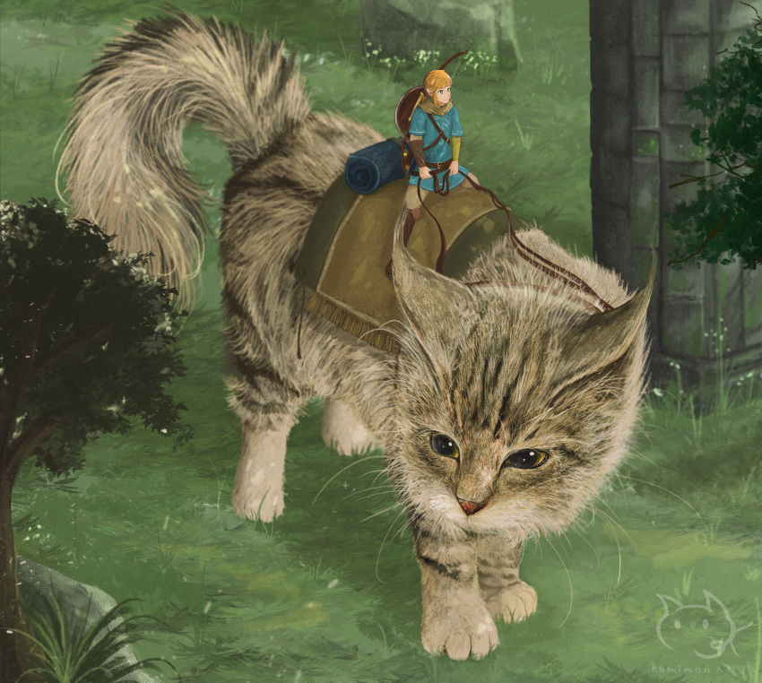 1boy, absurdres, animal, blonde_hair, cat, commentary, english_commentary, grass, highres, kamimon2016, link, mixed-language_commentary, nature, nintendo, outdoors, oversized_animal, riding, scenery, the_legend_of_zelda, the_legend_of_zelda:_breath_of_the_wild, tree