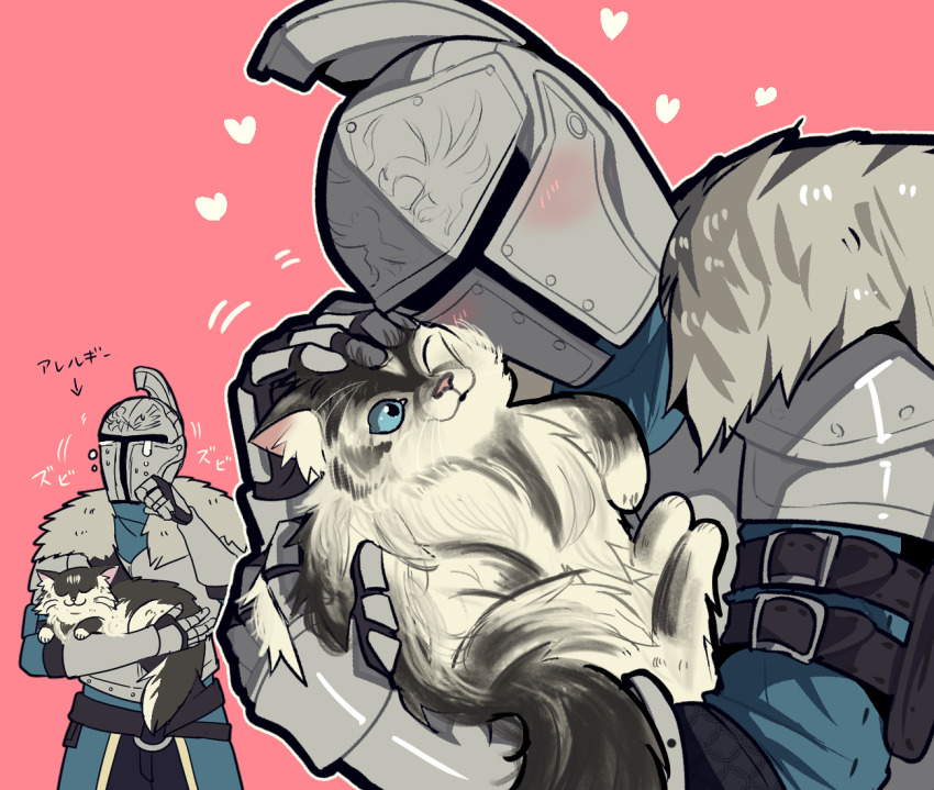 1girl, ambiguous_gender, animal, armor, bearer_of_the_curse, blue_eyes, capelet, cat