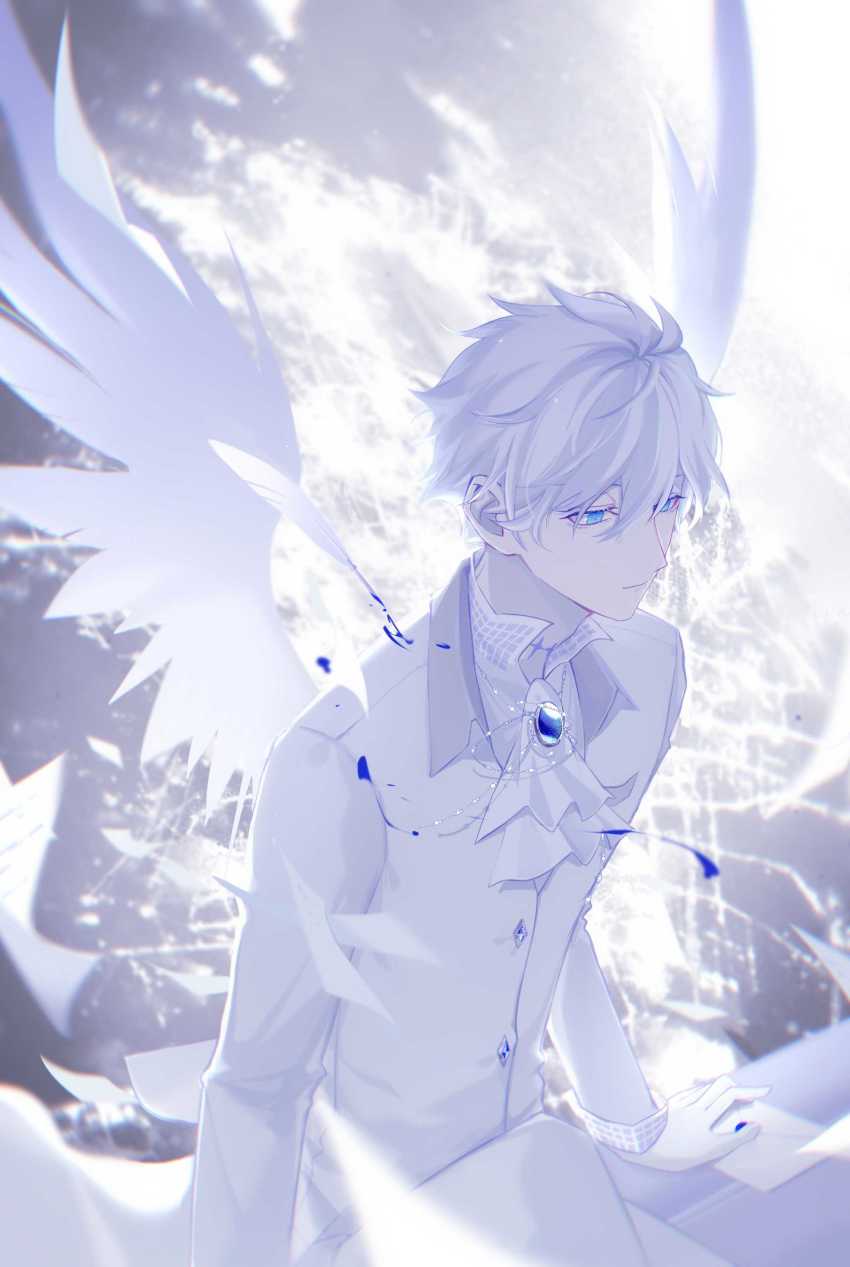 1boy, absurdres, arm_support, ascot, blue_eyes, blue_gem, byuey, closed_mouth, feathers, formal_clothes, from_above, gem, gloves, hair_between_eyes, highres, ink, jacket, light_smile, long_sleeves, looking_down, male_focus, original, quill, sitting, solo, spot_color, suit, suit_jacket, white_ascot, white_gloves, white_hair, white_jacket, white_suit, white_theme, white_wings, wings, wislan_(byuey)