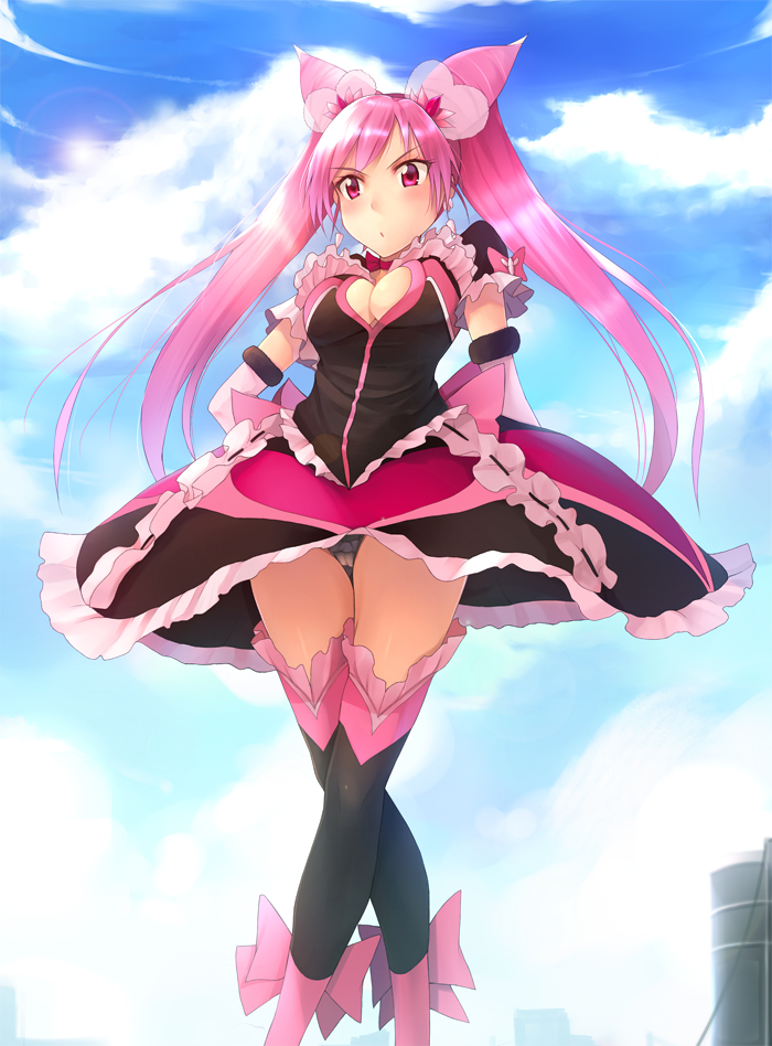 1girl, bad_id, bad_pixiv_id, breasts, cleavage, cleavage_cutout, clothing_cutout, crossed_legs, cure_honey_dream, cure_honey_dream_(maeashi), dress, female_focus, fumio_renge_(maeashi), long_hair, magical_girl, original, pink_eyes, pink_hair, precure, solo, standing, thighhighs, twintails, yuki_usagi_(mofurafu)