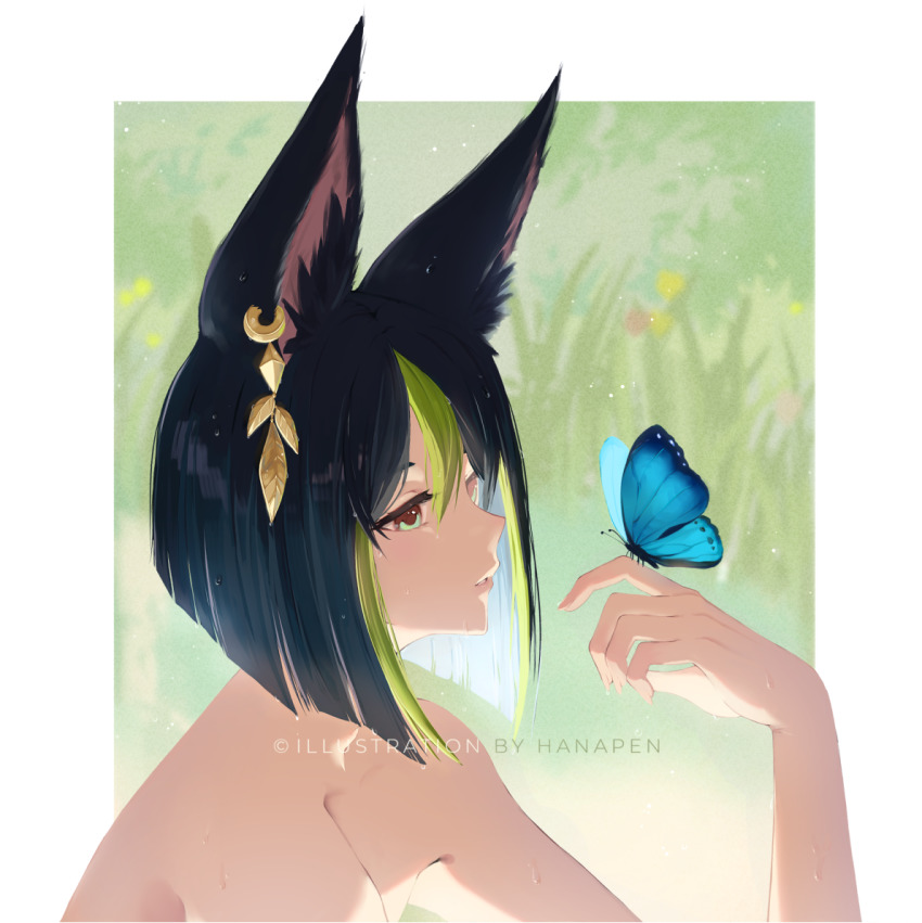1boy, animal_ear_fluff, animal_ears, artist_name, bare_shoulders, bishounen, black_hair, blue_butterfly