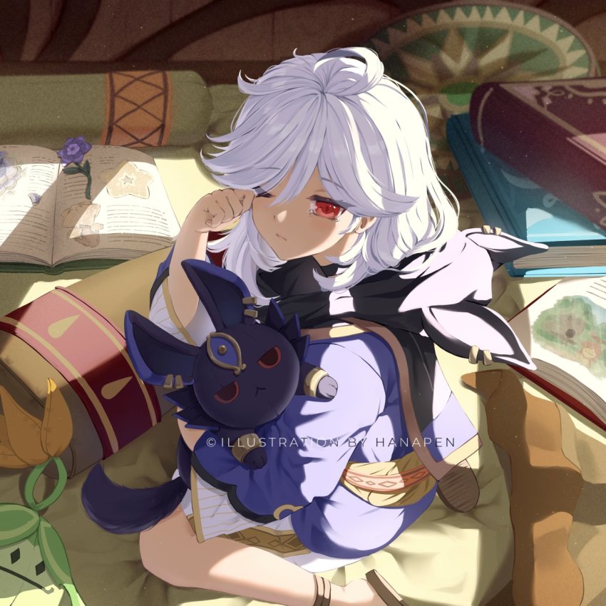 1boy, aged_down, alternate_costume, animal_ears, arabian_clothes, arama_(genshin_impact), aranara_(genshin_impact), artist_name