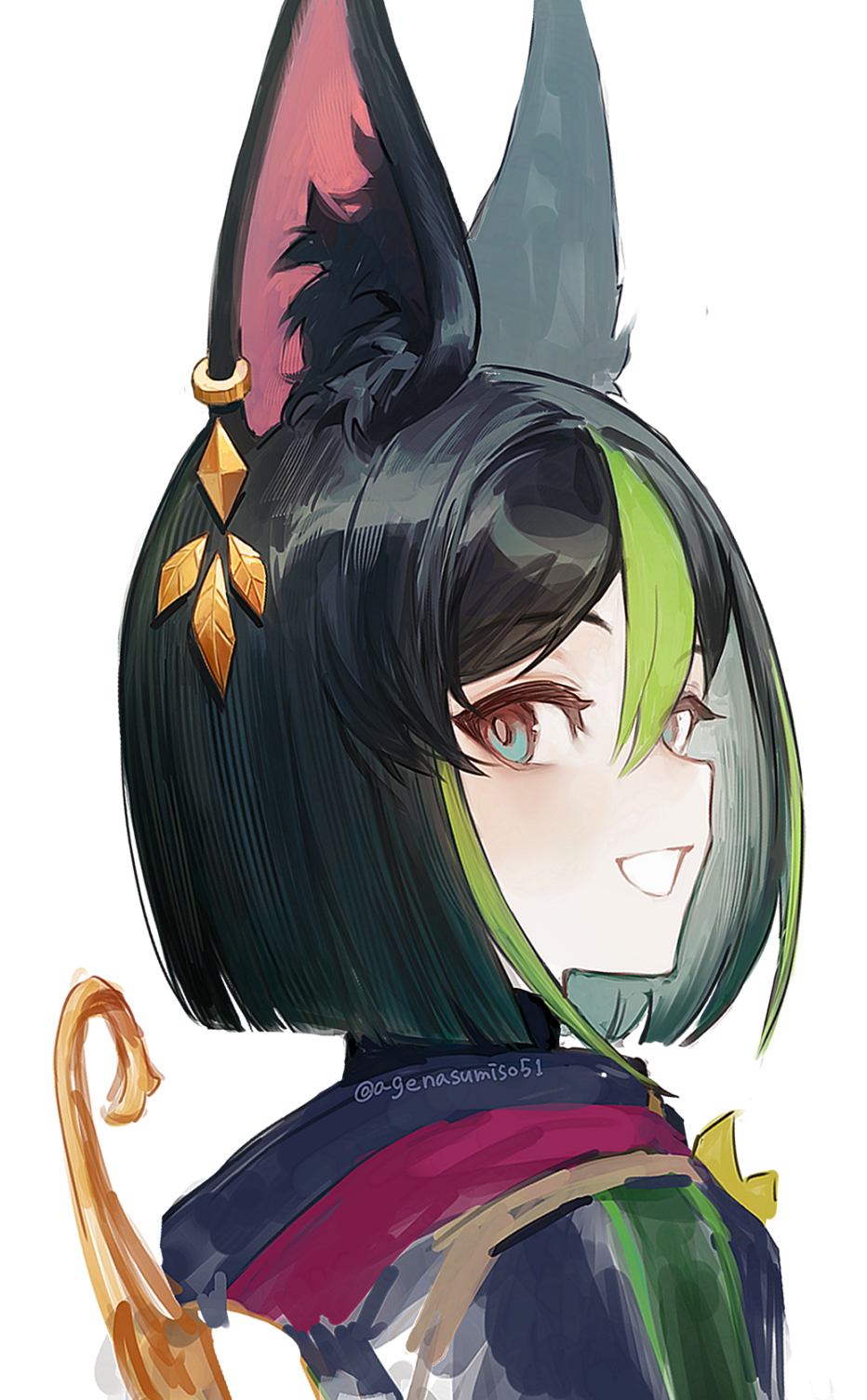 1boy, :d, agenasumiso51, animal_ears, black_fur, bob_cut, earrings, fox_ears