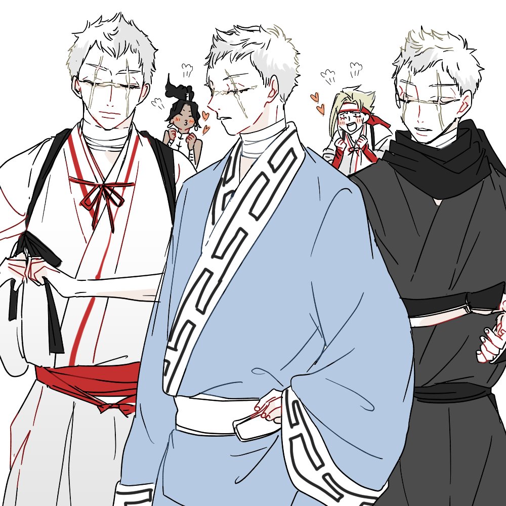 1girl, 2boys, bandaged_neck, bandages, black_hair, black_scarf, blind, blonde_hair